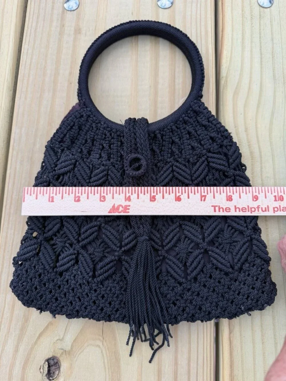 Vintage 70s black crochet top handle fringe bag festival indie retro